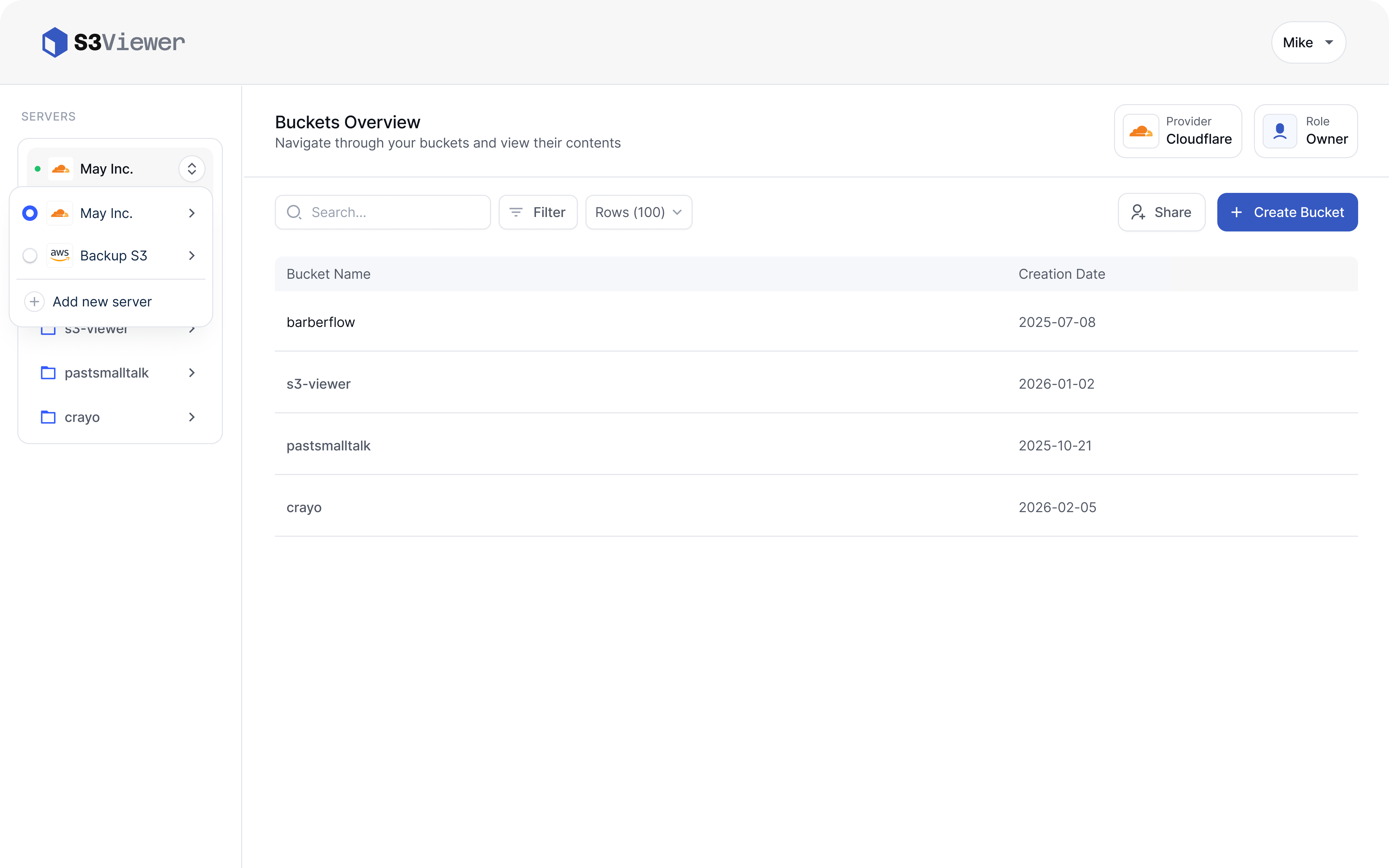 S3 Viewer dashboard showing buckets and object browser